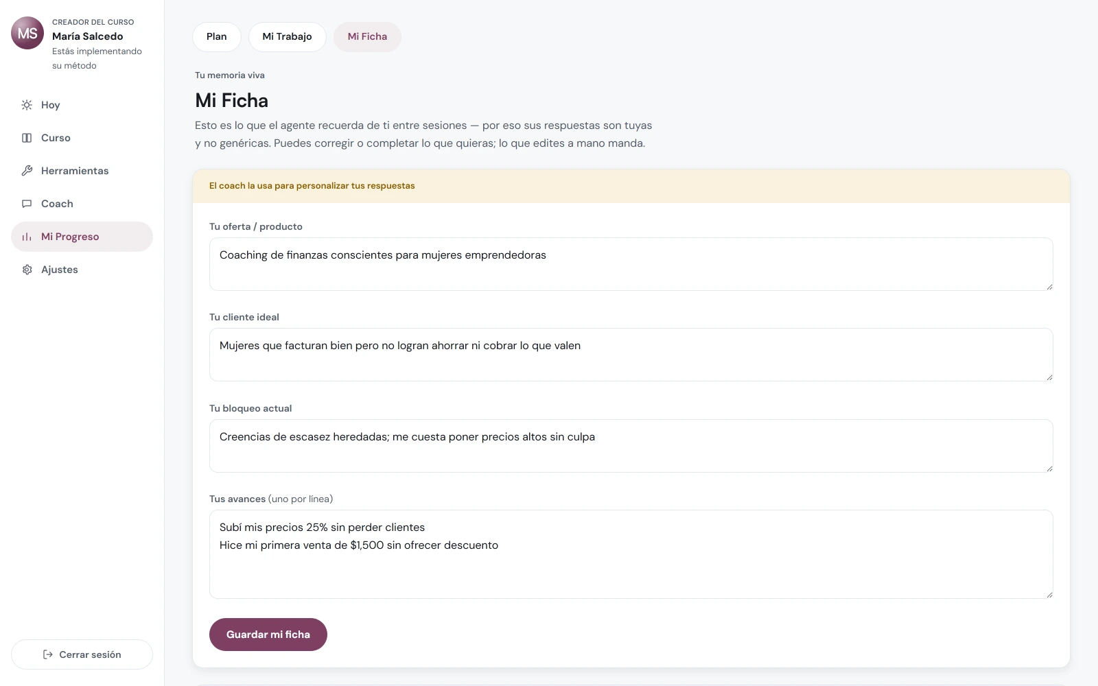 Ficha de memoria del alumno en CursoVivo con contexto editable entre sesiones